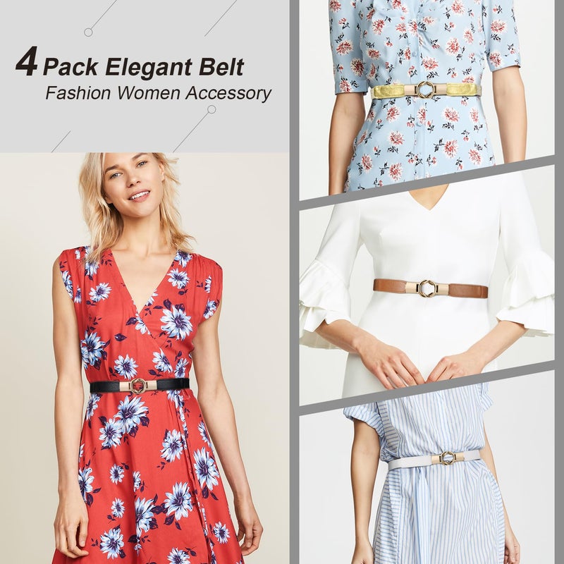 WERFORU Women Skinny Belt for Dresses Retro Stretch Waist Belt with Gold Buckle Set of 4,Black+Brown+White+Gold - Image 4